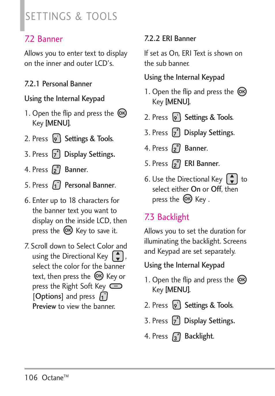 2 banner, 1 personal banner, 2 eri banner | 3 backlight, Settings & tools | LG Octane VN530 User Manual | Page 108 / 166