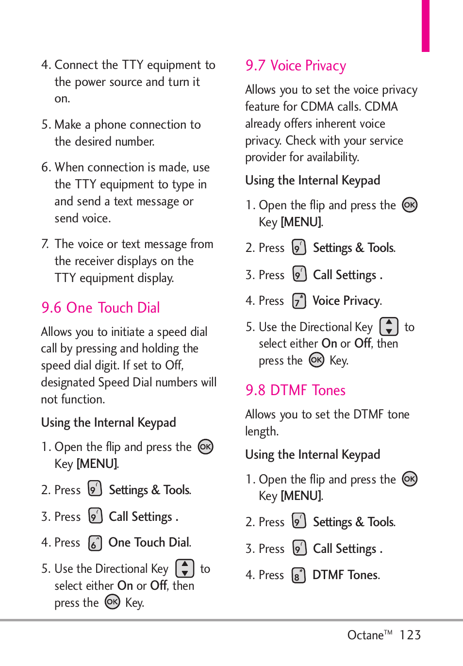 6 one touch dial, 7 voice privacy, 8 dtmf tones | LG Octane VN530 User Manual | Page 125 / 166