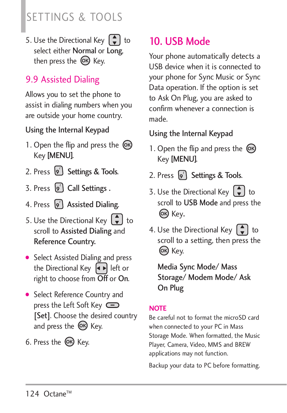 9 assisted dialing, Usb mode, Settings & tools | LG Octane VN530 User Manual | Page 126 / 166