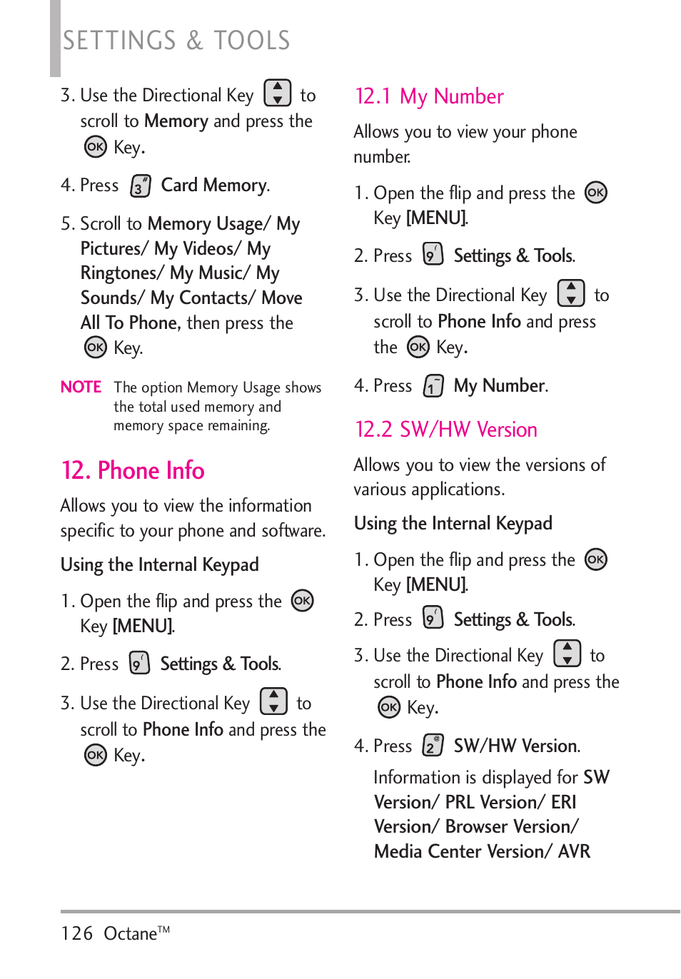 Phone info, 1 my number, 2 sw/hw version | Settings & tools | LG Octane VN530 User Manual | Page 128 / 166