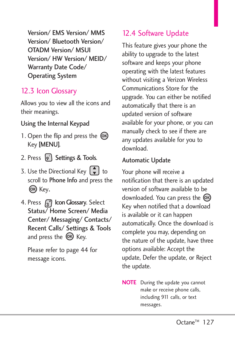 3 icon glossary, 4 software update | LG Octane VN530 User Manual | Page 129 / 166