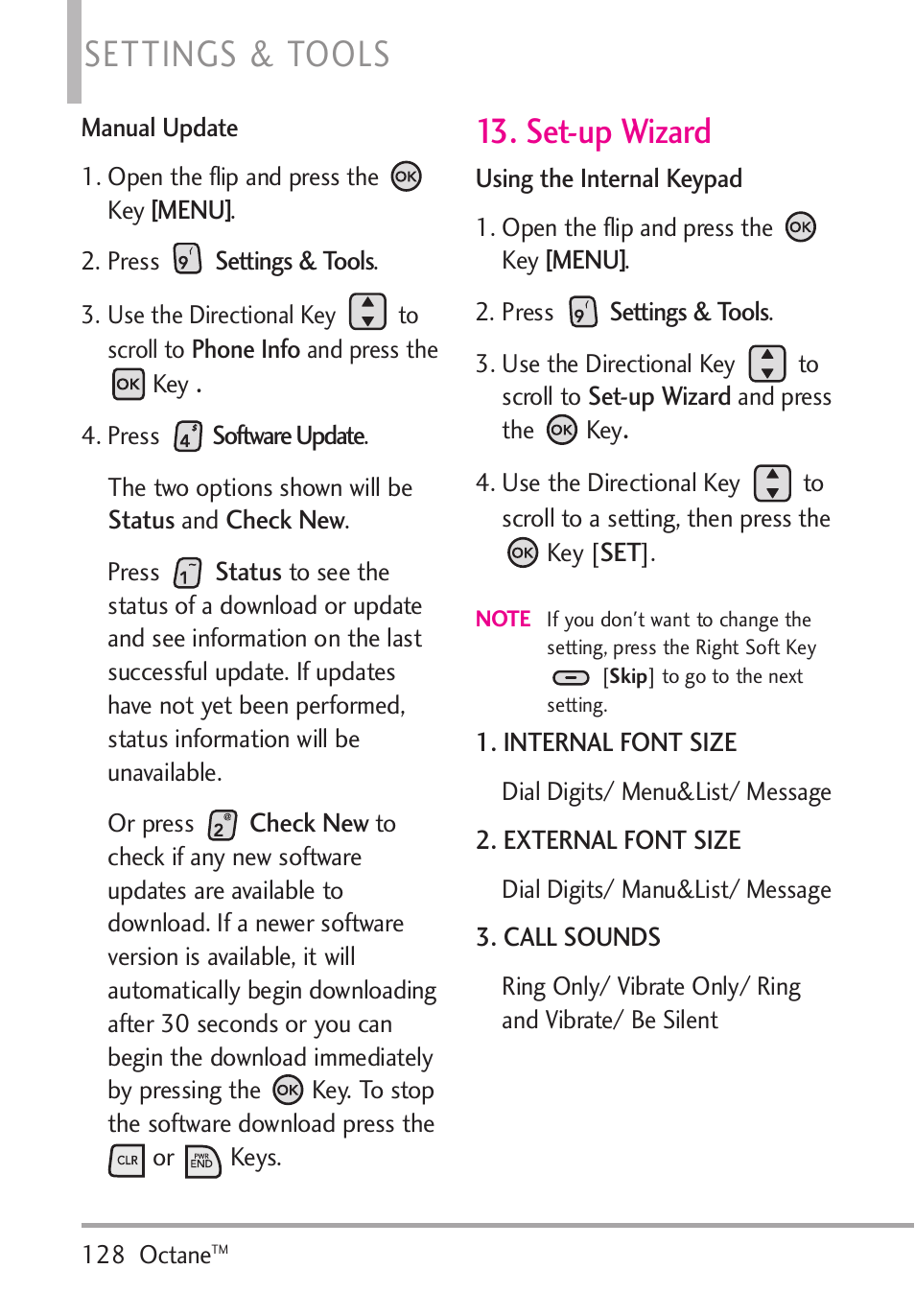 Set-up wizard, Settings & tools | LG Octane VN530 User Manual | Page 130 / 166