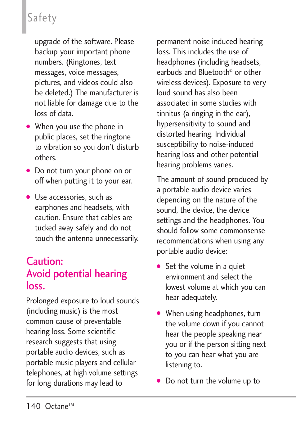 Caution: avoid potential he, Caution: avoid potential hearing loss, Safety | LG Octane VN530 User Manual | Page 142 / 166