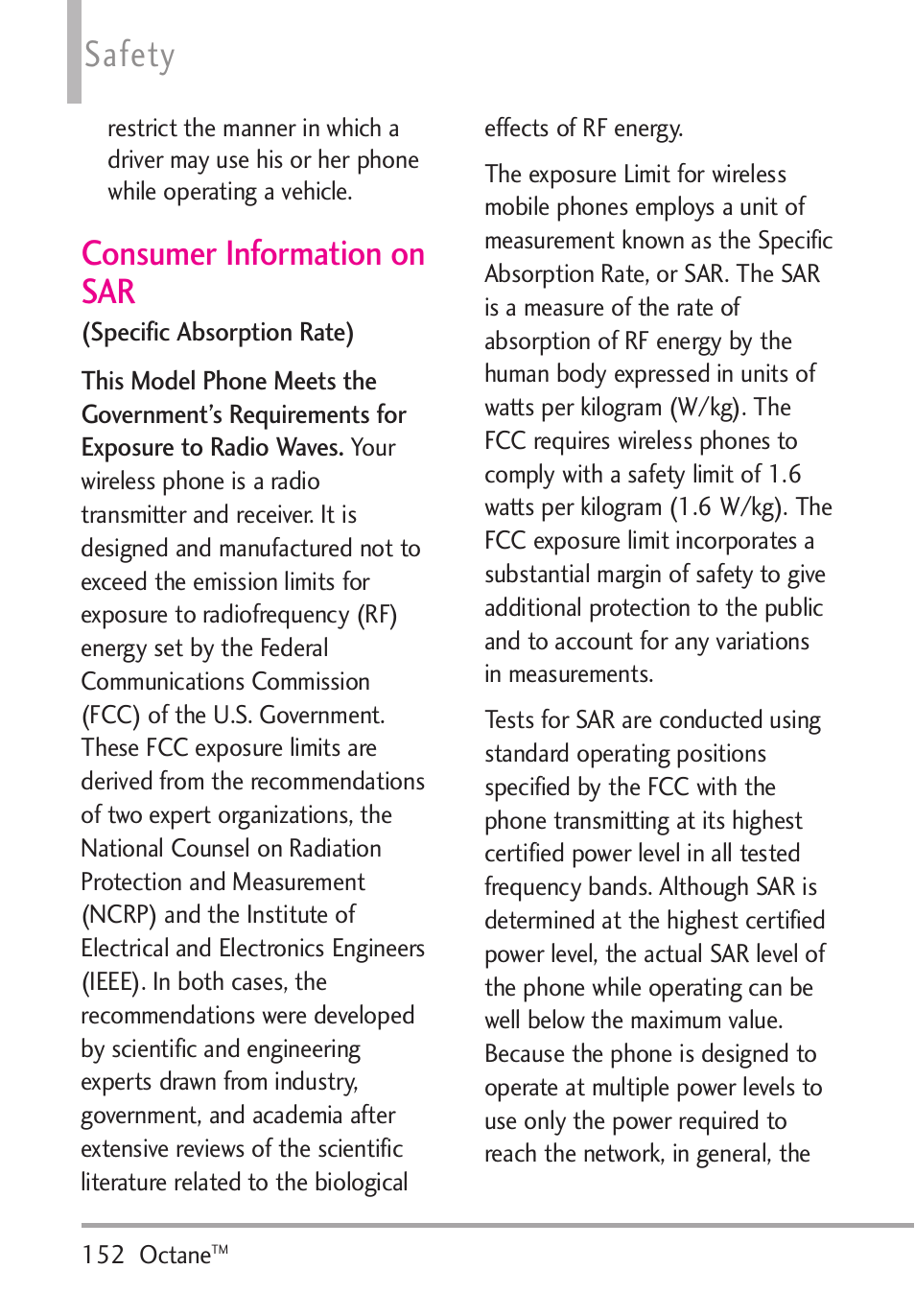 Consumer information on sar, Consumer information on sar, Safety | LG Octane VN530 User Manual | Page 154 / 166