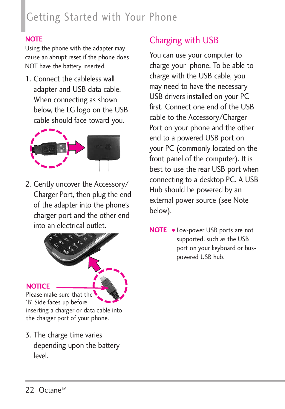 Charging with usb, Getting started with your phone | LG Octane VN530 User Manual | Page 24 / 166