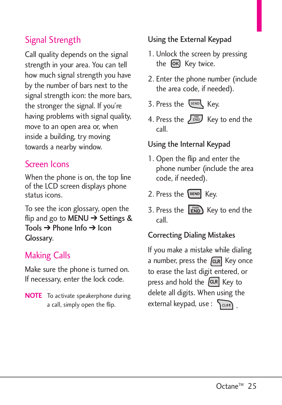 Signal strength, Screen icons, Making calls | LG Octane VN530 User Manual | Page 27 / 166