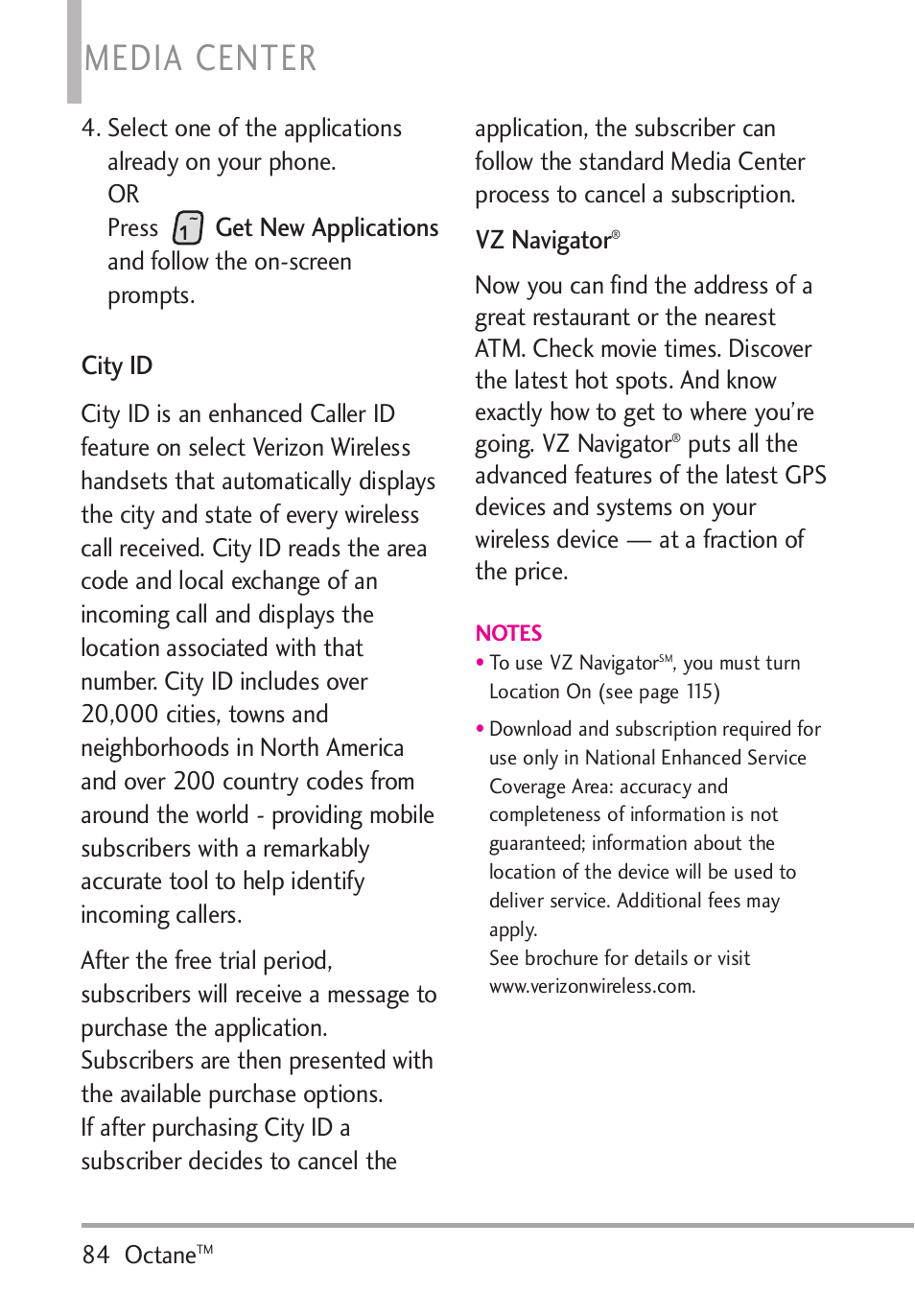 Media center, Get new applications, City id | Vz navigator | LG Octane VN530 User Manual | Page 86 / 166