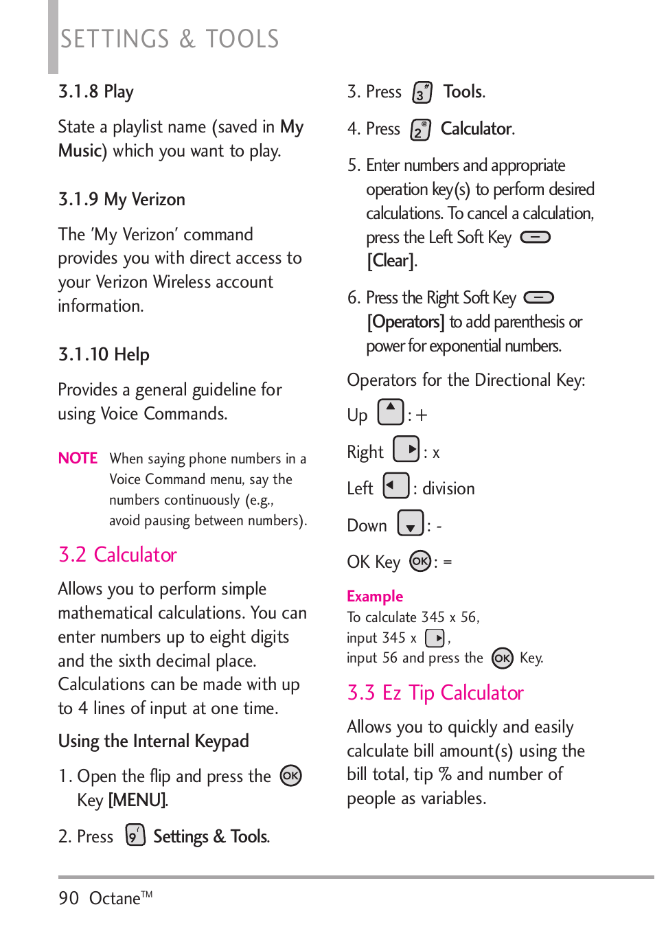 8 play, 9 my verizon, 10 help | 2 calculator, 3 ez tip calculator, 8 play 3.1.9 my verizon 3.1.10 help, Settings & tools | LG Octane VN530 User Manual | Page 92 / 166