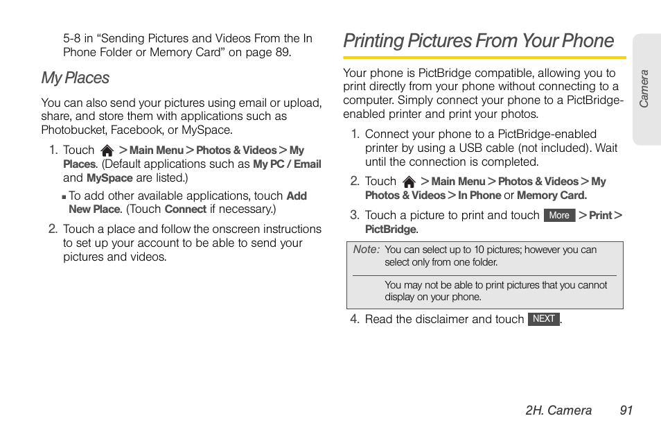 My places, Printing pictures from your phone | LG Rumor touch User Manual | Page 103 / 158