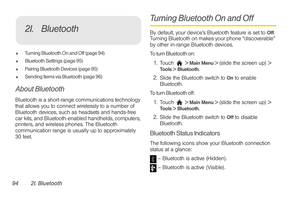 2i. bluetooth, About bluetooth, Turning bluetooth on and off | Bluetooth | LG Rumor touch User Manual | Page 106 / 158