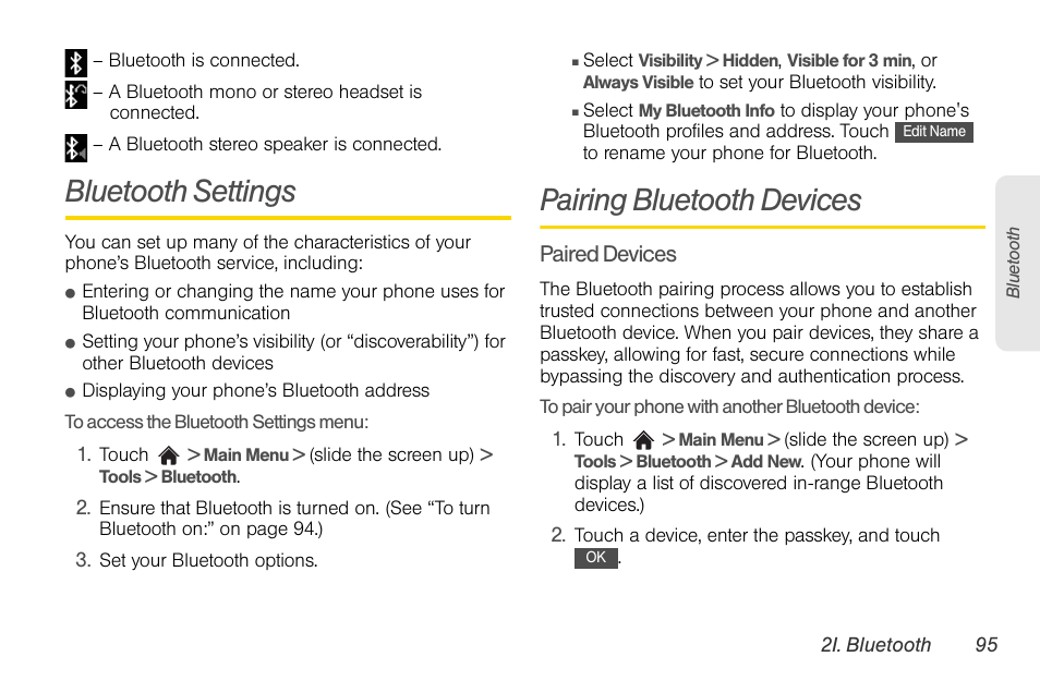 Bluetooth settings, Pairing bluetooth devices | LG Rumor touch User Manual | Page 107 / 158