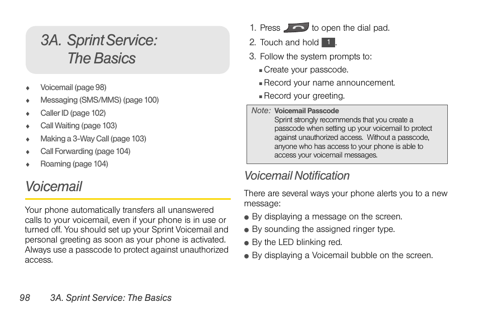 3a. sprint service: the basics, Voicemail, Voicemail notification | LG Rumor touch User Manual | Page 110 / 158