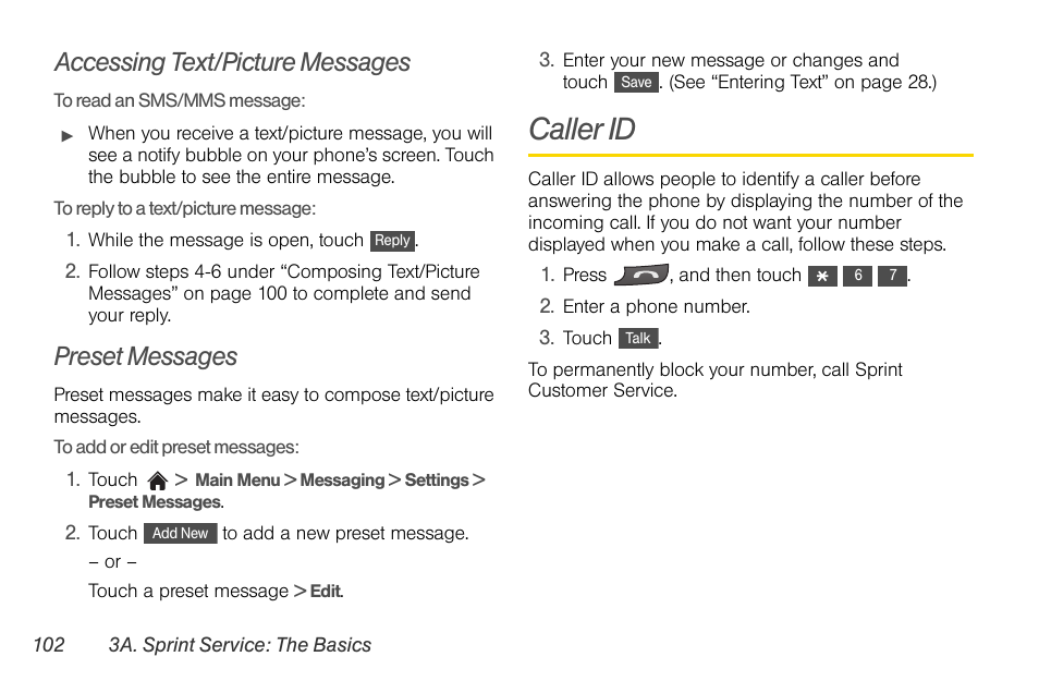 Accessing text/picture messages, Preset messages, Caller id | LG Rumor touch User Manual | Page 114 / 158