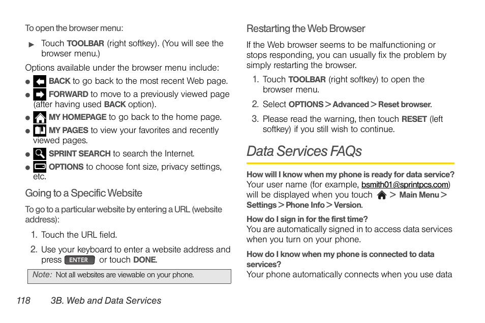 Data services faqs, Going to a specific website, Restarting the web browser | LG Rumor touch User Manual | Page 130 / 158