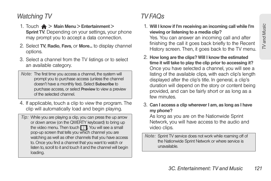 Watching tv, Tv faqs | LG Rumor touch User Manual | Page 133 / 158