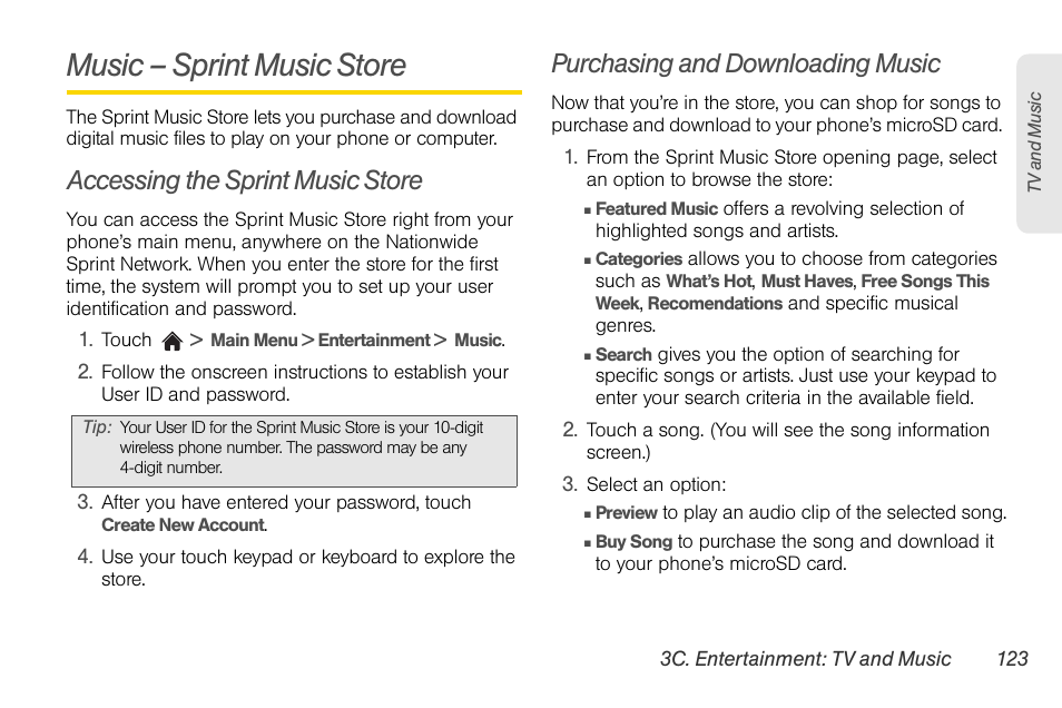 Music – sprint music store, Accessing the sprint music store, Purchasing and downloading music | LG Rumor touch User Manual | Page 135 / 158