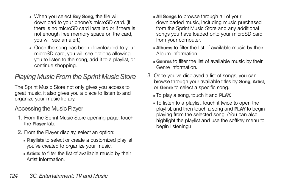 Playing music from the sprint music store, Accessing the music player | LG Rumor touch User Manual | Page 136 / 158