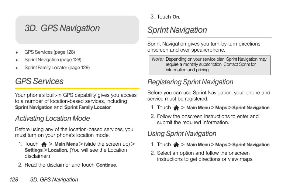 3d. gps navigation, Gps services, Activating location mode | Sprint navigation, Registering sprint navigation, Using sprint navigation | LG Rumor touch User Manual | Page 140 / 158