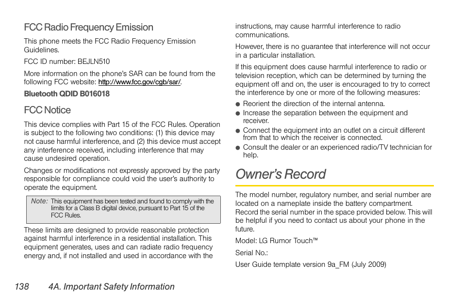 Owner’s record, Fcc radio frequency emission, Fcc notice | LG Rumor touch User Manual | Page 150 / 158