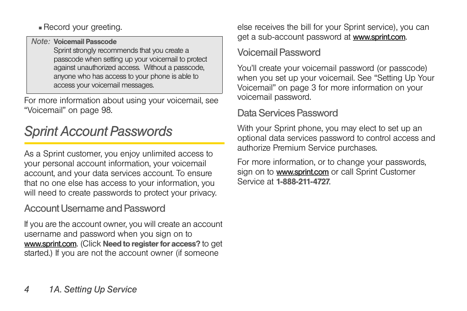 Sprint account passwords | LG Rumor touch User Manual | Page 16 / 158