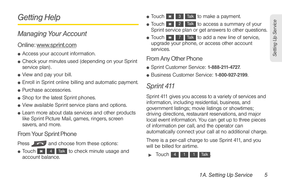 Getting help, Managing your account, Sprint 411 | LG Rumor touch User Manual | Page 17 / 158