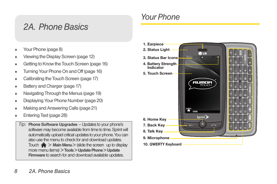 2a. phone basics, Your phone | LG Rumor touch User Manual | Page 20 / 158