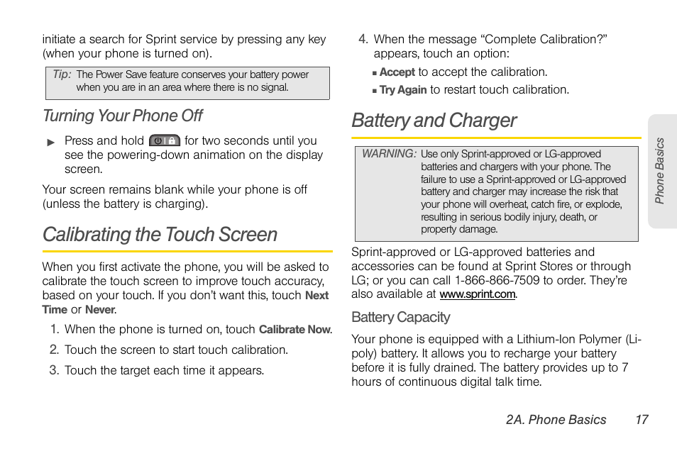 Turning your phone off, Calibrating the touch screen, Battery and charger | LG Rumor touch User Manual | Page 29 / 158