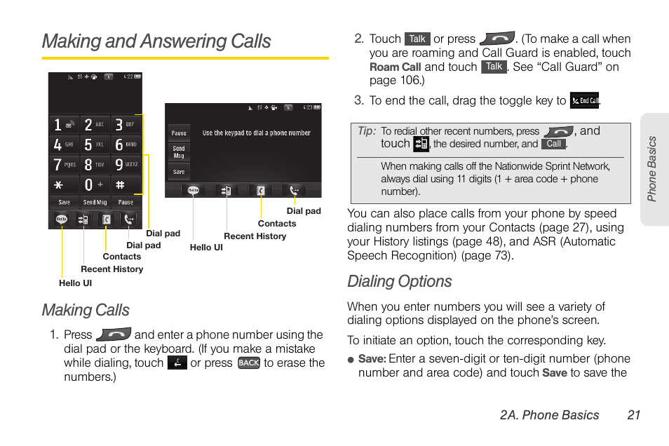 Making and answering calls, Making calls, Dialing options | LG Rumor touch User Manual | Page 33 / 158