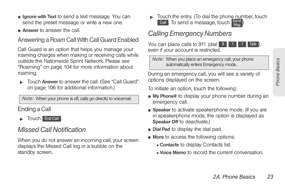 Missed call notification, Calling emergency numbers, Answering a roam call with call guard enabled | Ending a call | LG Rumor touch User Manual | Page 35 / 158