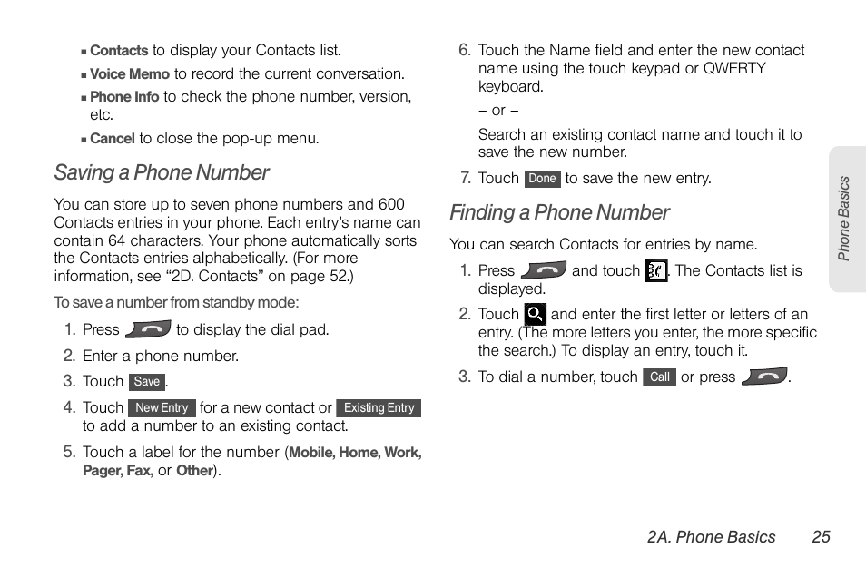 Saving a phone number, Finding a phone number | LG Rumor touch User Manual | Page 37 / 158