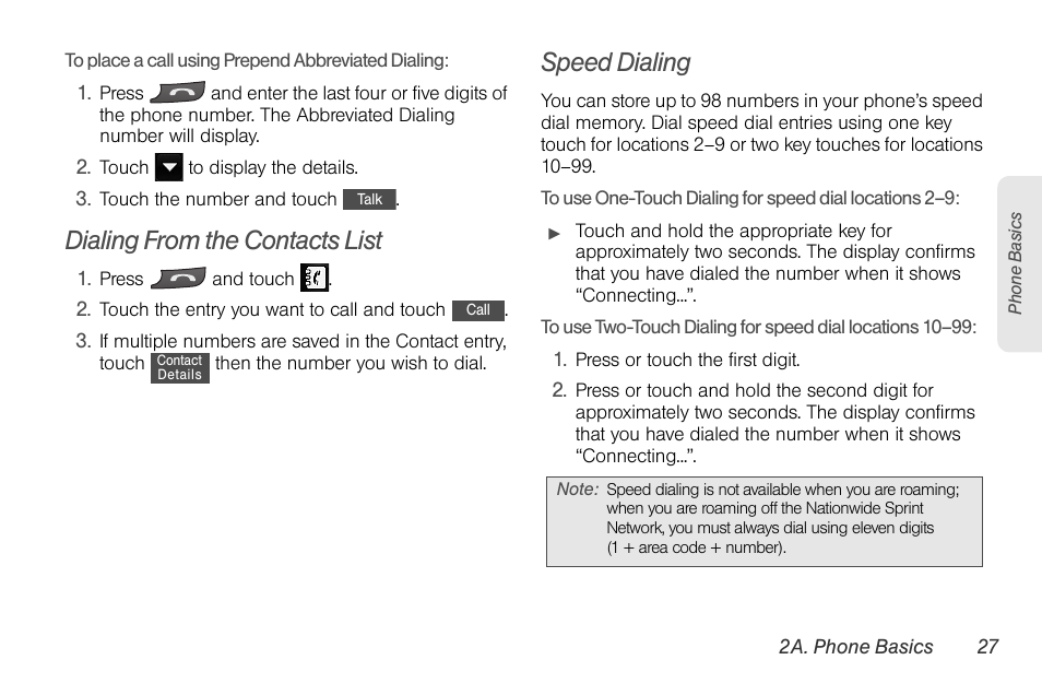 Dialing from the contacts list, Speed dialing | LG Rumor touch User Manual | Page 39 / 158