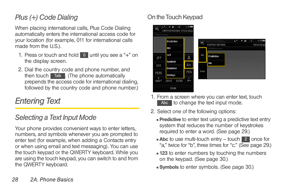 Plus (+) code dialing, Entering text, Selecting a text input mode | LG Rumor touch User Manual | Page 40 / 158