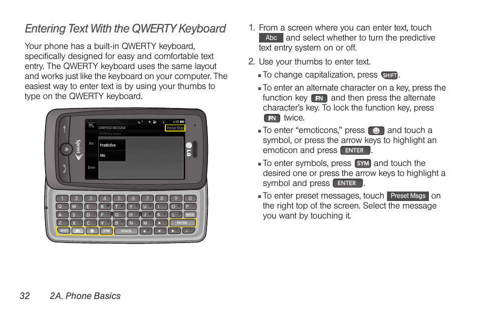 Entering text with the qwerty keyboard | LG Rumor touch User Manual | Page 44 / 158