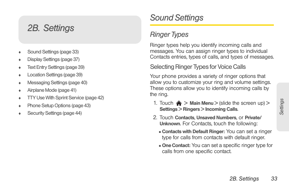 2b. settings, Sound settings, Ringer types | Selecting ringer types for voice calls | LG Rumor touch User Manual | Page 45 / 158