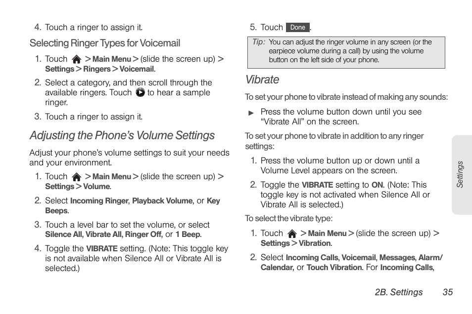 Adjusting the phone’s volume settings, Vibrate | LG Rumor touch User Manual | Page 47 / 158