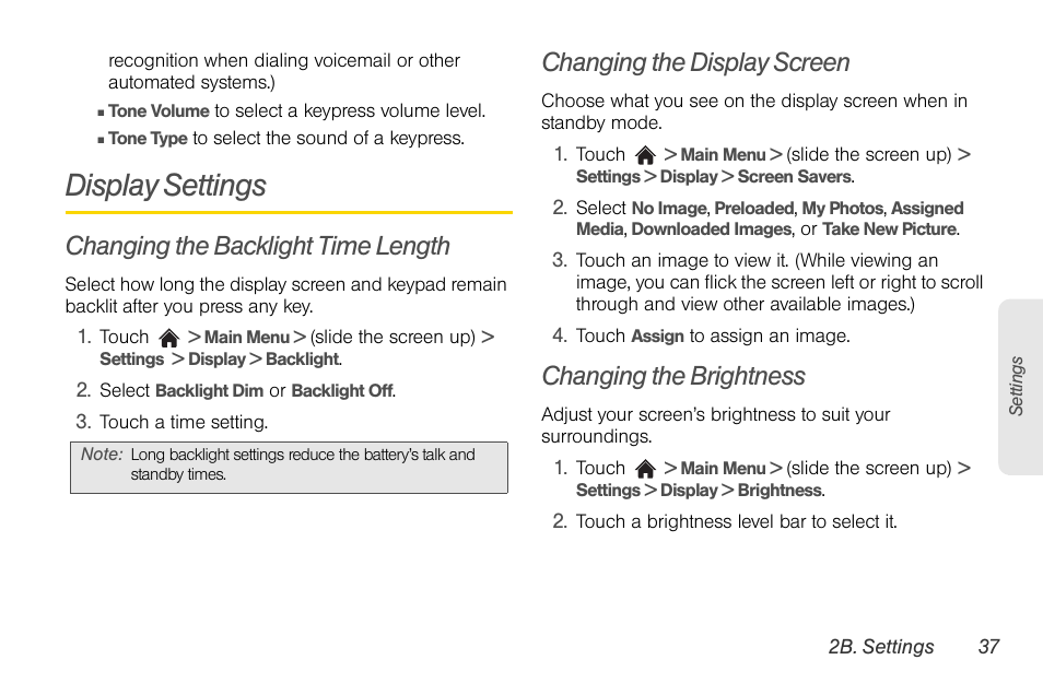 Display settings, Changing the backlight time length, Changing the display screen | Changing the brightness | LG Rumor touch User Manual | Page 49 / 158