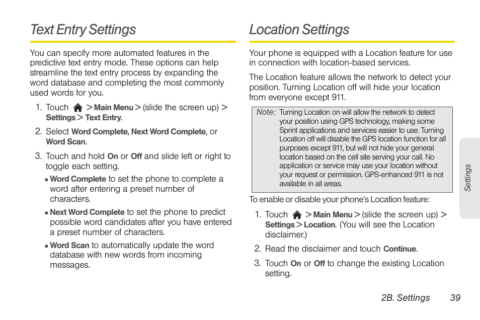 Text entry settings, Location settings | LG Rumor touch User Manual | Page 51 / 158