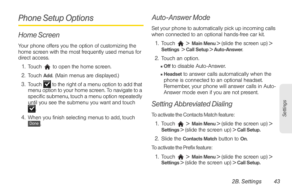 Phone setup options, Home screen, Auto-answer mode | Setting abbreviated dialing | LG Rumor touch User Manual | Page 55 / 158