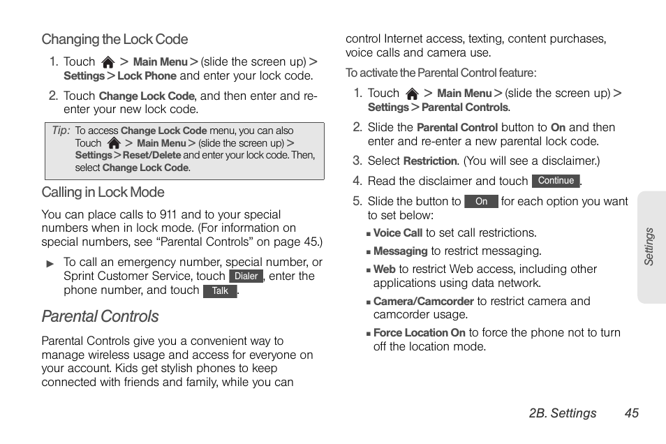 Parental controls, Changing the lock code, Calling in lock mode | LG Rumor touch User Manual | Page 57 / 158