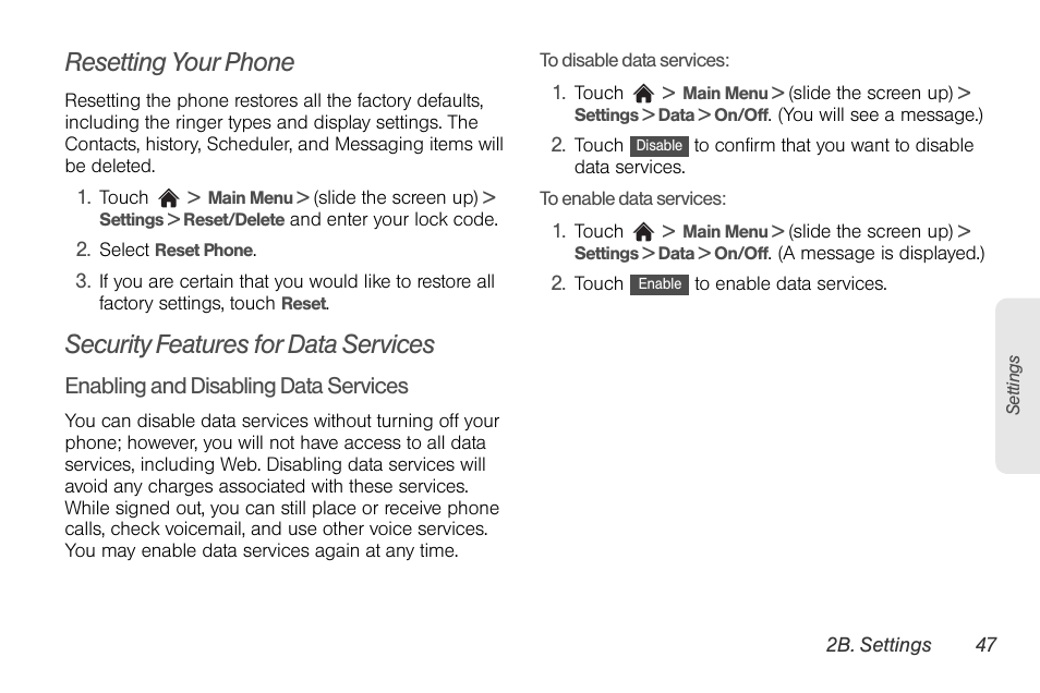 Resetting your phone, Security features for data services | LG Rumor touch User Manual | Page 59 / 158