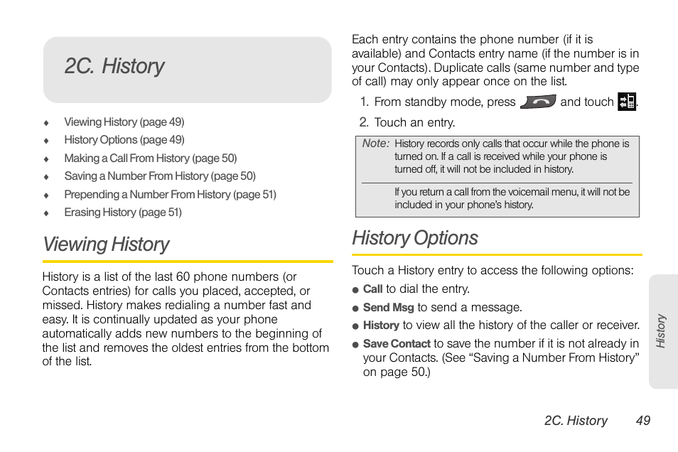 2c. history, Viewing history, History options | LG Rumor touch User Manual | Page 61 / 158