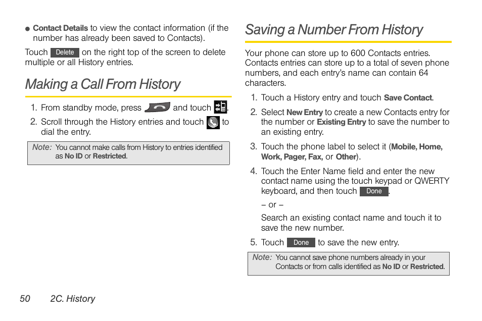 Making a call from history, Saving a number from history | LG Rumor touch User Manual | Page 62 / 158