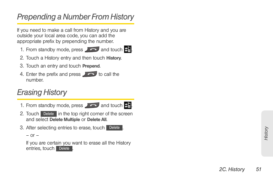 Prepending a number from history, Erasing history | LG Rumor touch User Manual | Page 63 / 158