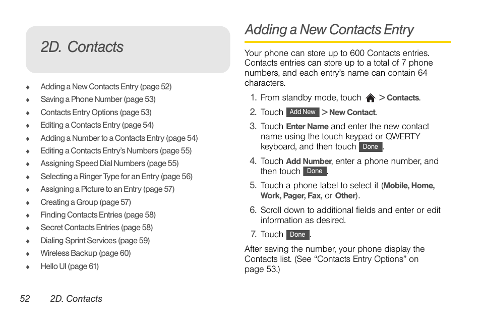 2d. contacts, Adding a new contacts entry | LG Rumor touch User Manual | Page 64 / 158