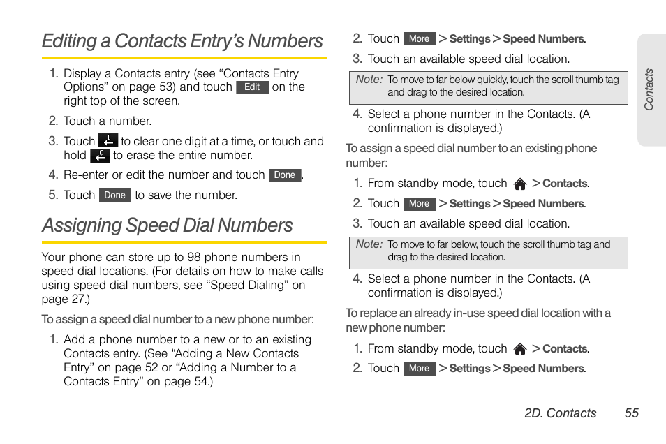 Editing a contacts entry’s numbers, Assigning speed dial numbers | LG Rumor touch User Manual | Page 67 / 158