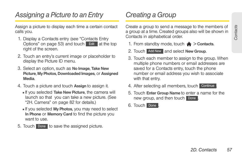 Assigning a picture to an entry, Creating a group | LG Rumor touch User Manual | Page 69 / 158