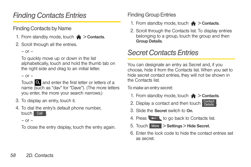 Finding contacts entries, Secret contacts entries | LG Rumor touch User Manual | Page 70 / 158