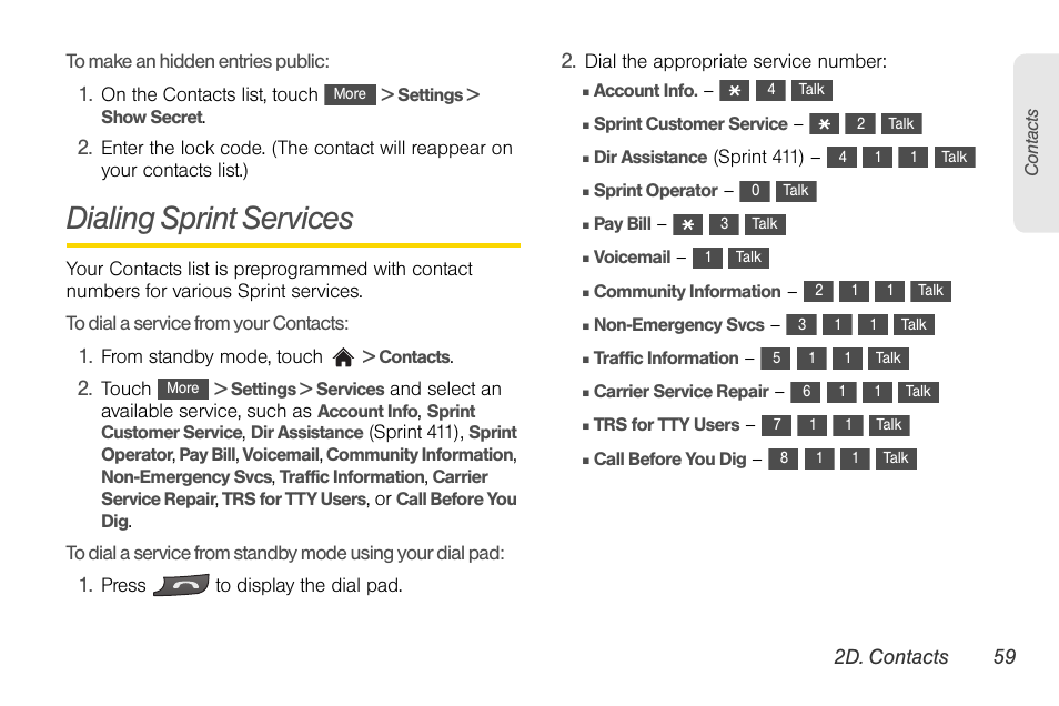 Dialing sprint services | LG Rumor touch User Manual | Page 71 / 158