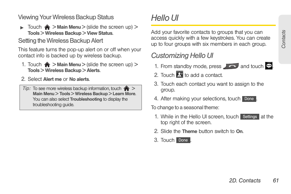 Hello ui, Customizing hello ui | LG Rumor touch User Manual | Page 73 / 158