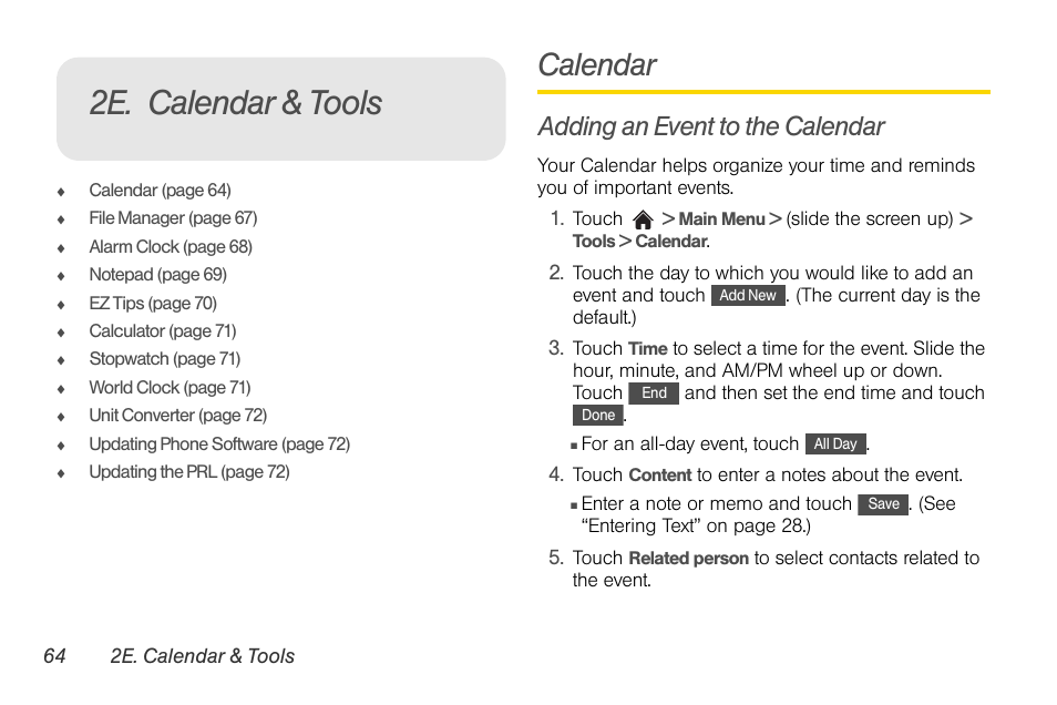 2e. calendar & tools, Calendar, Adding an event to the calendar | LG Rumor touch User Manual | Page 76 / 158